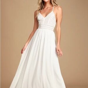 Lulu's Meet Me in Madrid White Beaded Maxi Dress
